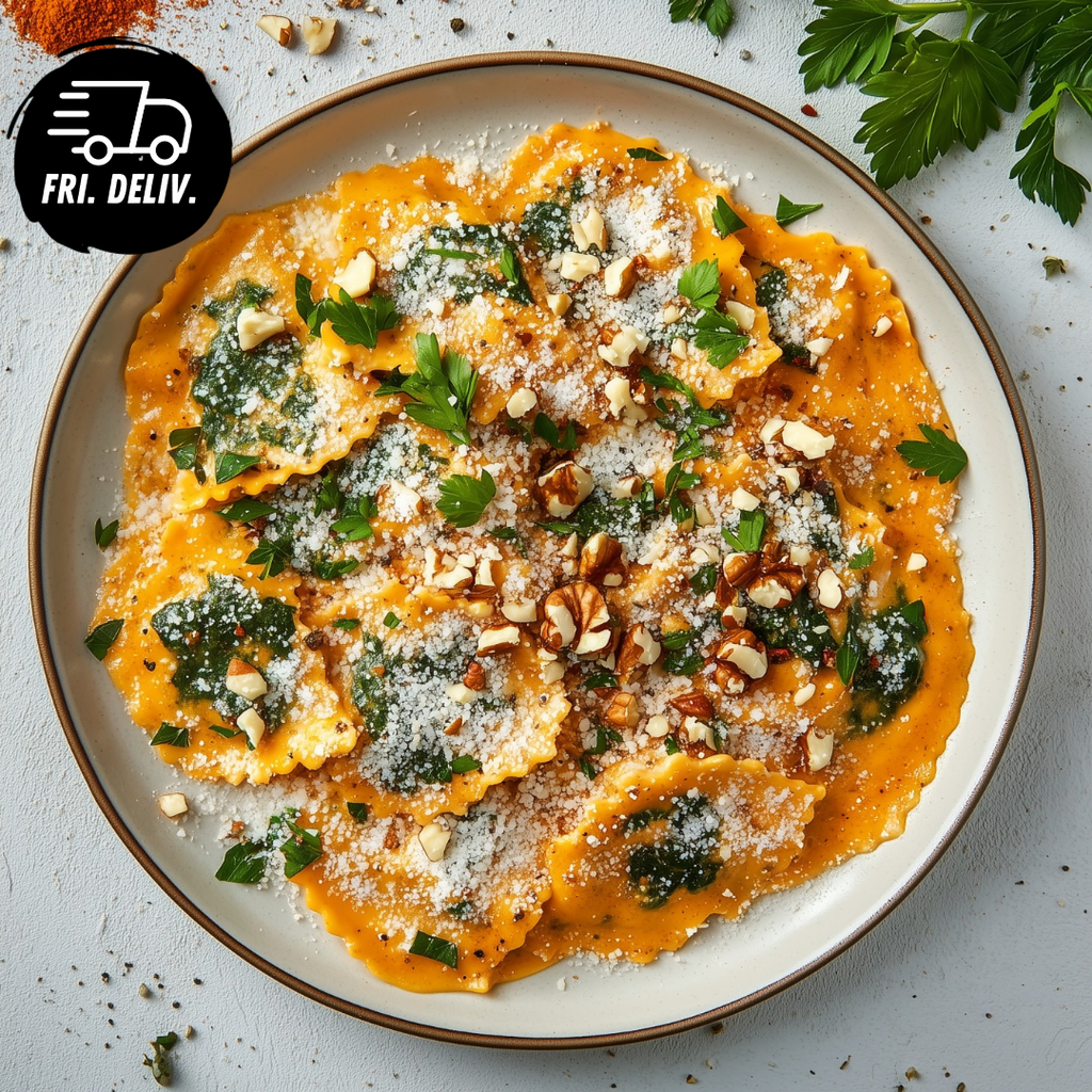PUMPKIN SPINACH AND RICOTTA RAVIOLI WITH SAGE AND WALNUT