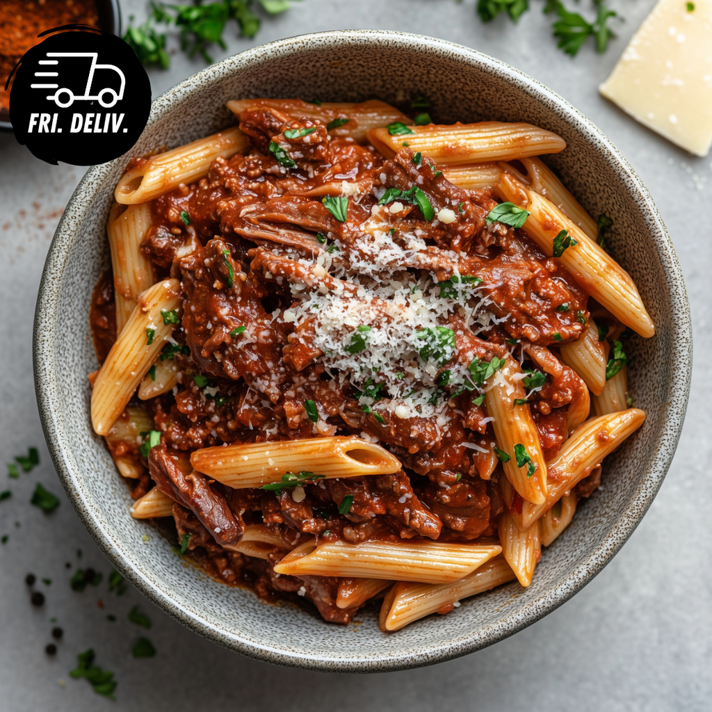 SLOW COOKED BEEF RAGU WITH PENNE PASTA