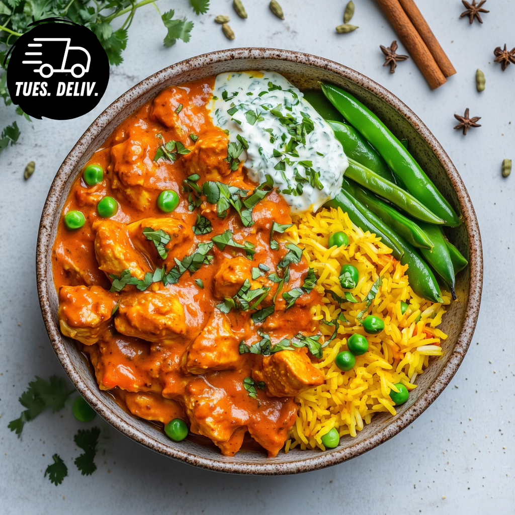 BUTTER CHICKEN WITH SPICED RICE STEAMED VEG AND TURMERIC YOGHURT