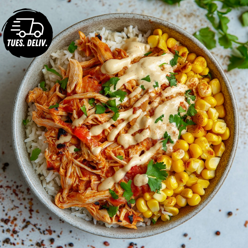 SHREDDED PERI PERI CHICKEN WITH RICE AND ROASTED VEG