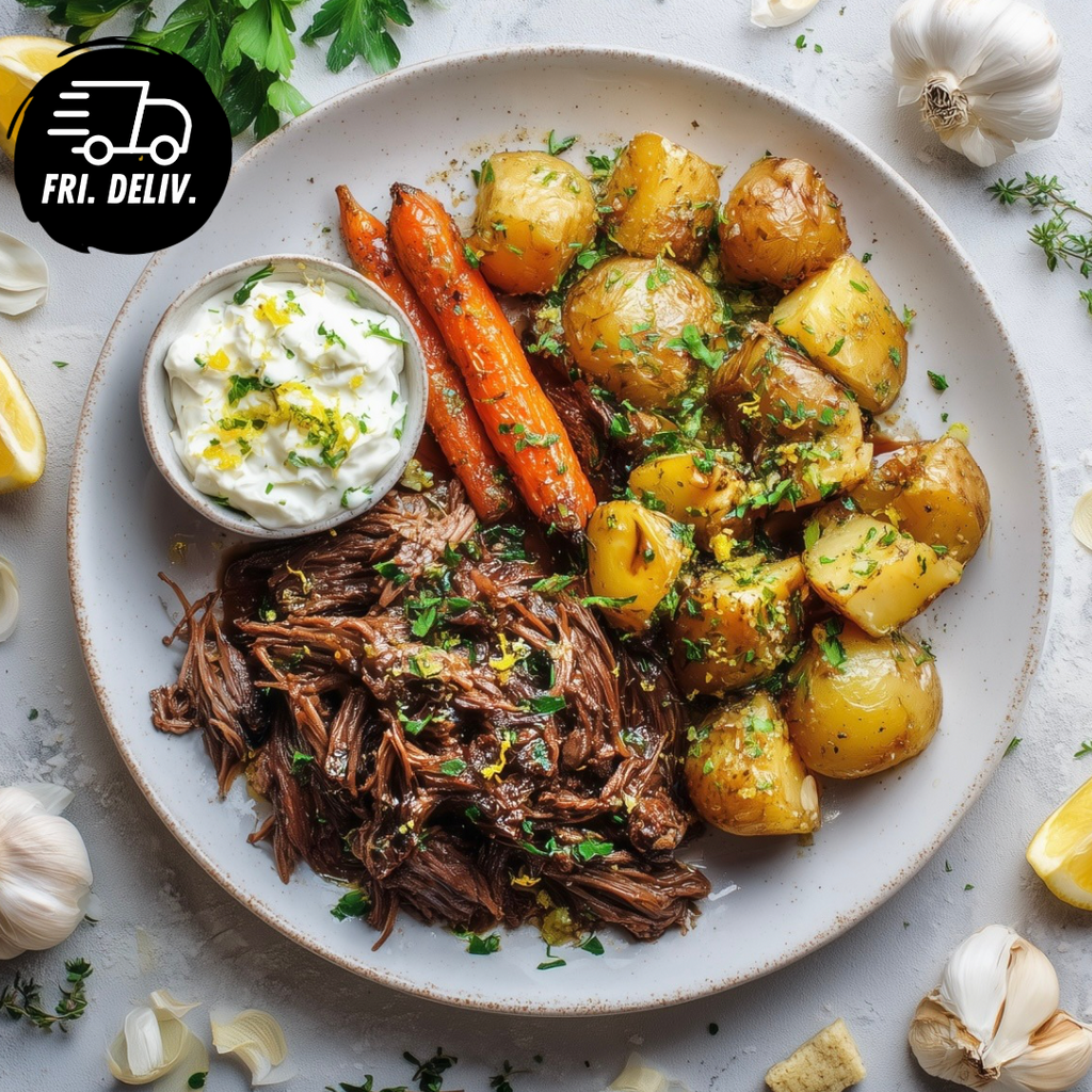 BRAISED BEEF WITH LEMON-PARSLEY POTATOES AND HORSERADISH CREAM