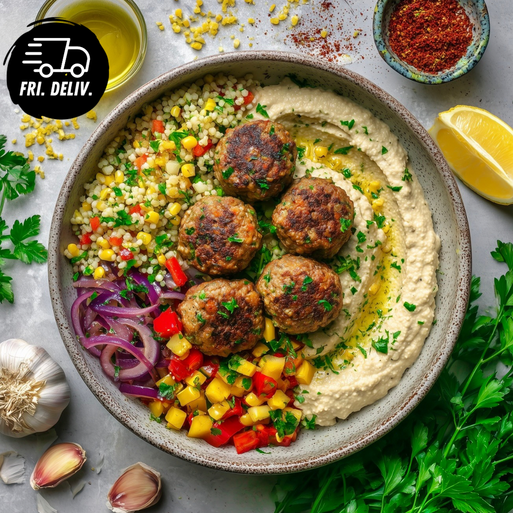 MEDITERRANEAN KOFTA BOWL WITH BABA GHANOUSH LEMON HERB BULGUR AND CAPSICUM SALAD