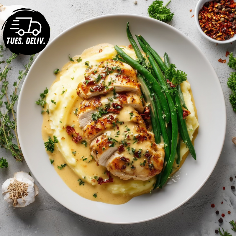 LEMON GARLIC ROAST CHICKEN WITH MASH POTATO AND GREEN BEANS