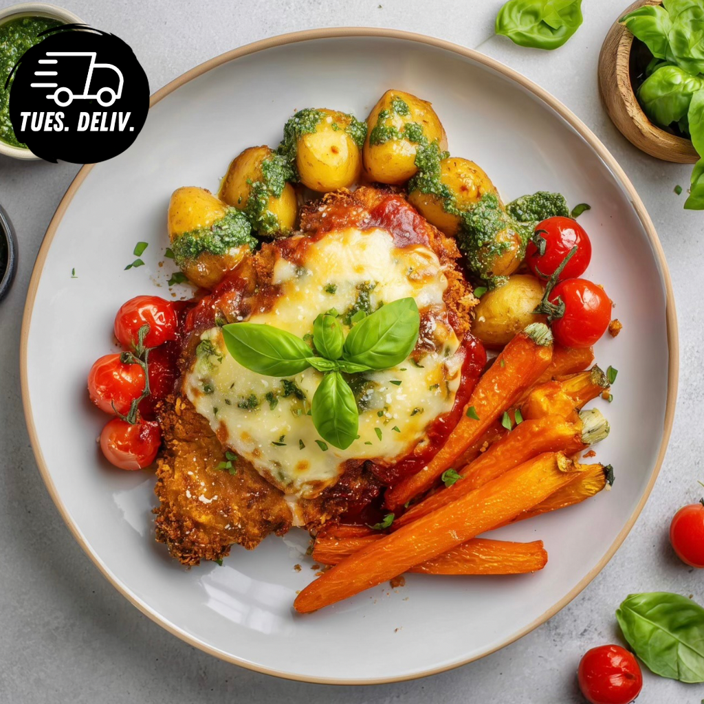 CHICKEN PARMIGIANA WITH ROASTED PESTO POTATOES