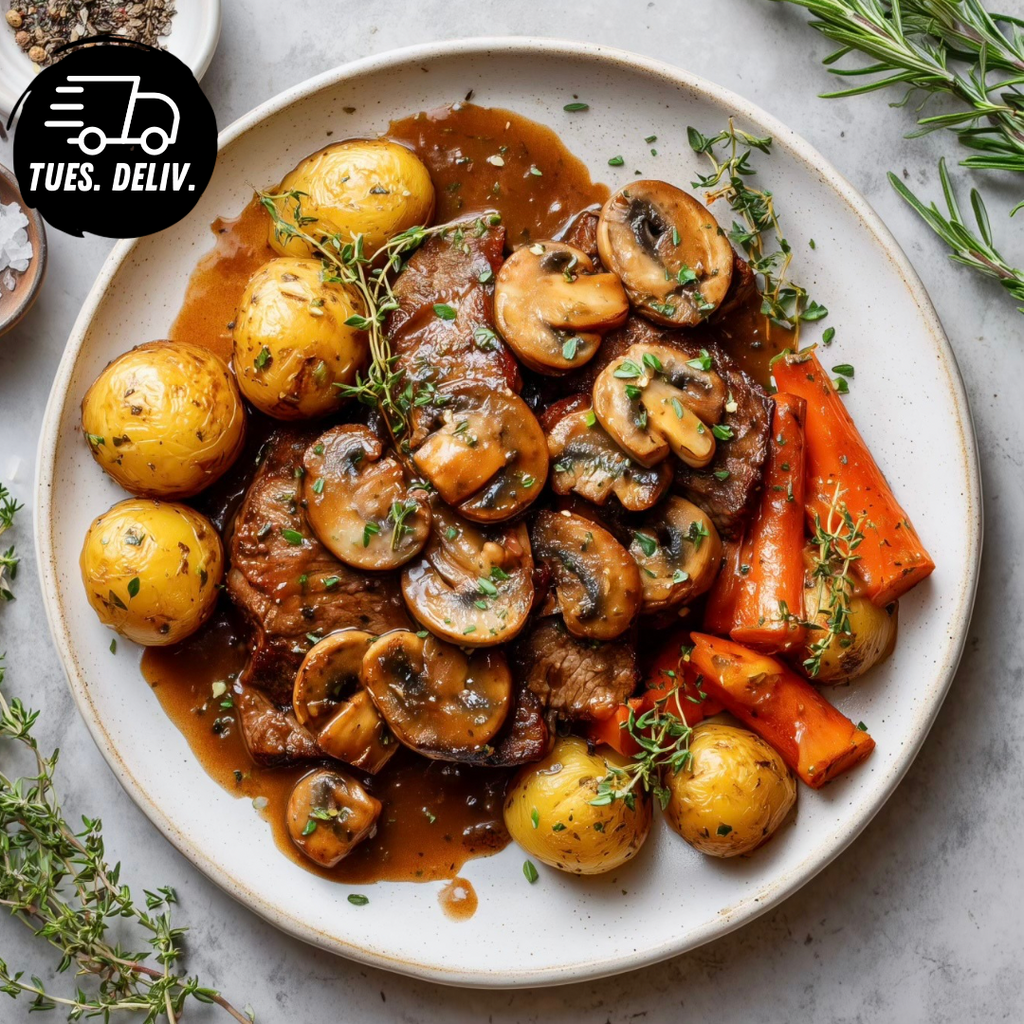 ROAST LAMB AND HERB POTATOES WITH MUSHROOM GRAVY