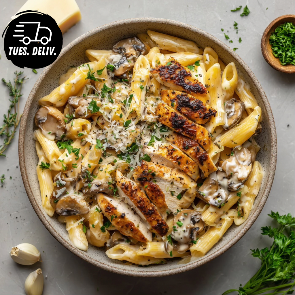 HERB MUSHROOM AND CHICKEN PENNE PASTA.