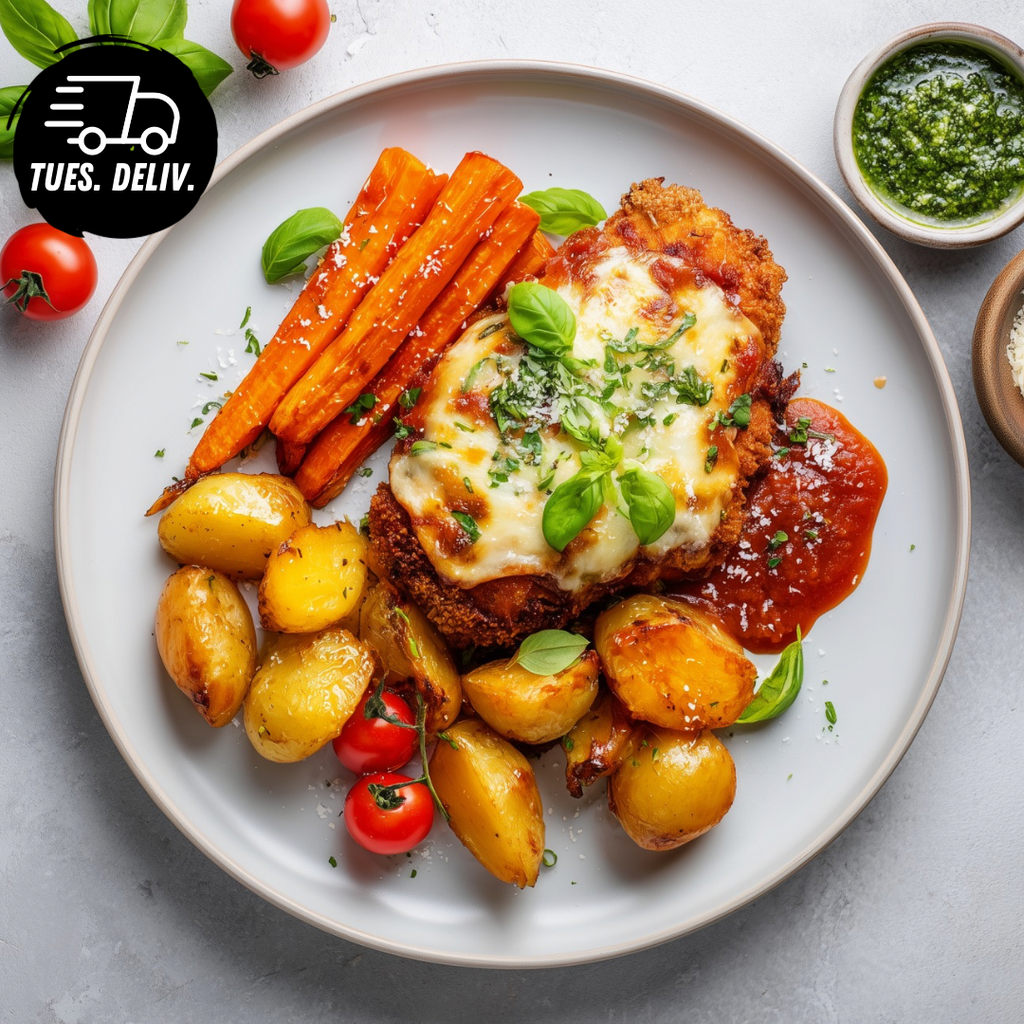 CHICKEN PARMIGIANA WITH ROASTED POTATOES.