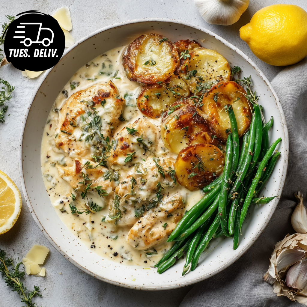 CREAMY LEMON AND THYME CHICKEN WITH PARMESAN POTATO BAKE.