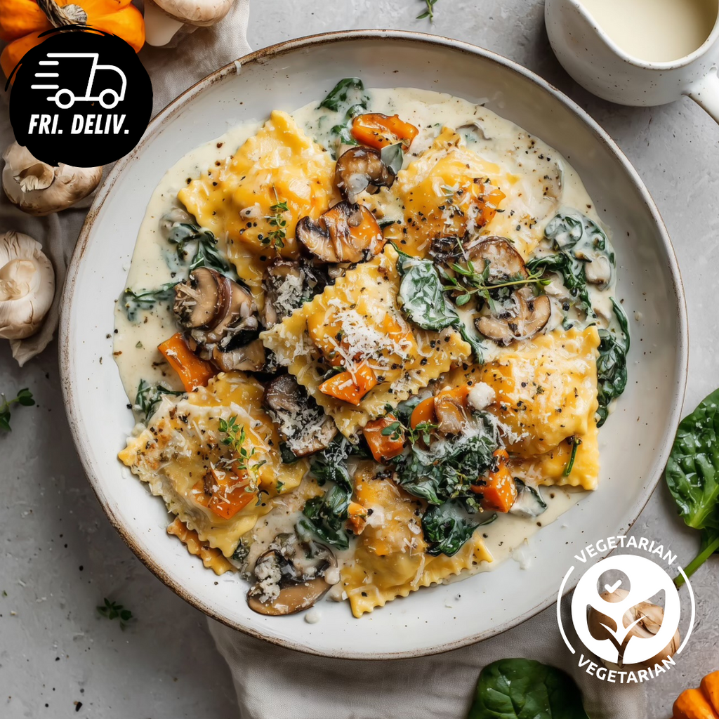 CREAMY MUSHROOM AND PARMESAN RAVIOLI WITH SPINACH.