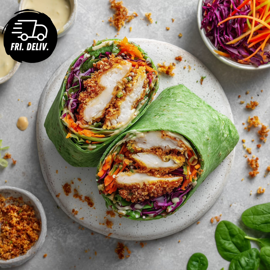 RAINBOW CRUMBED CHICKEN WRAP WITH SWEET CHILLI MAYO.