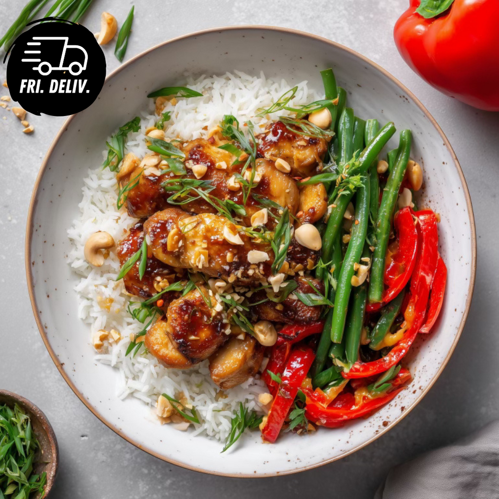 CHICKEN CASHEW NUT WITH COCONUT RICE AND VEG.