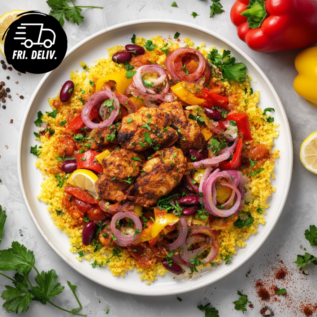 TURKISH TOMATO BULGUR WITH SPICED CHICKEN AND PICKLED VEG SALAD.