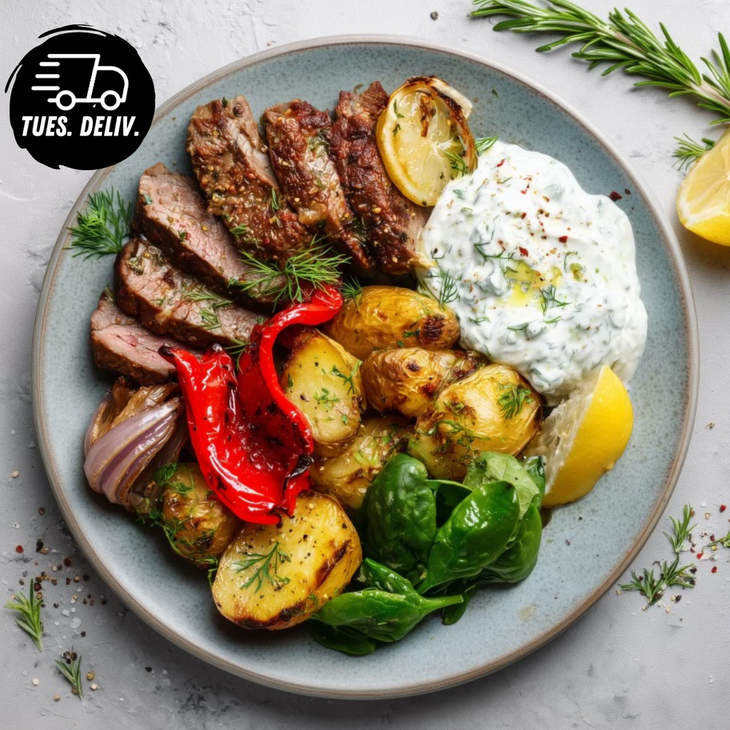 GREEK LAMB WITH ROASTED HERB POTATOES AND TZATZIKI