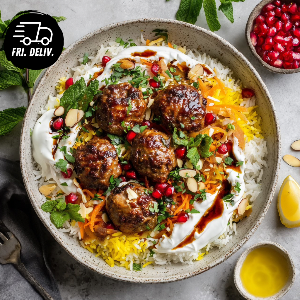 PERSIAN KOFTA WITH JEWELLED RICE AND POMEGRANATE YOGHURT
