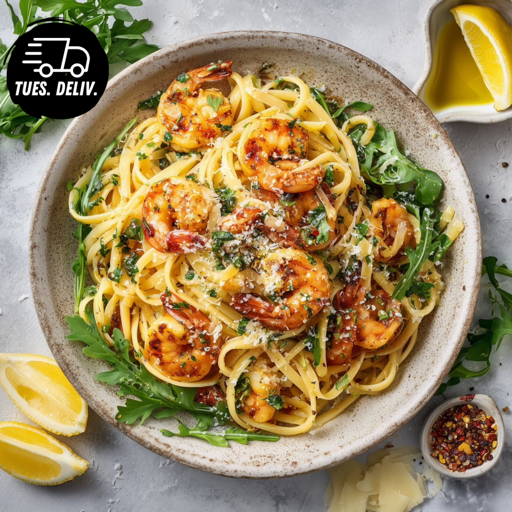 LEMON GARLIC PRAWN LINGUINE WITH ROCKET AND PARMESAN.