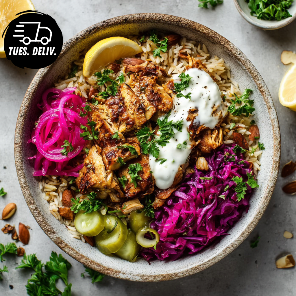 GARLIC CHICKEN SHAWARMA BOWL WITH PICKLED VEG.