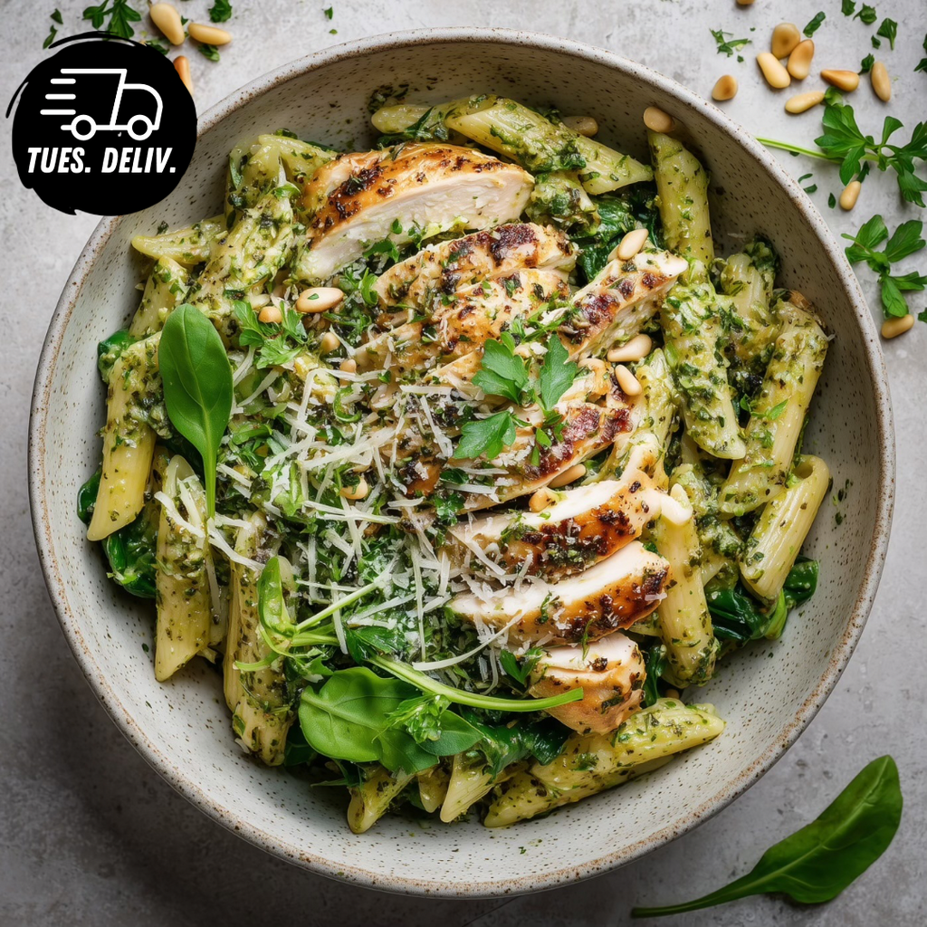 ZAATAR AND BASIL PESTO CHICKEN WITH PENNE PASTA.