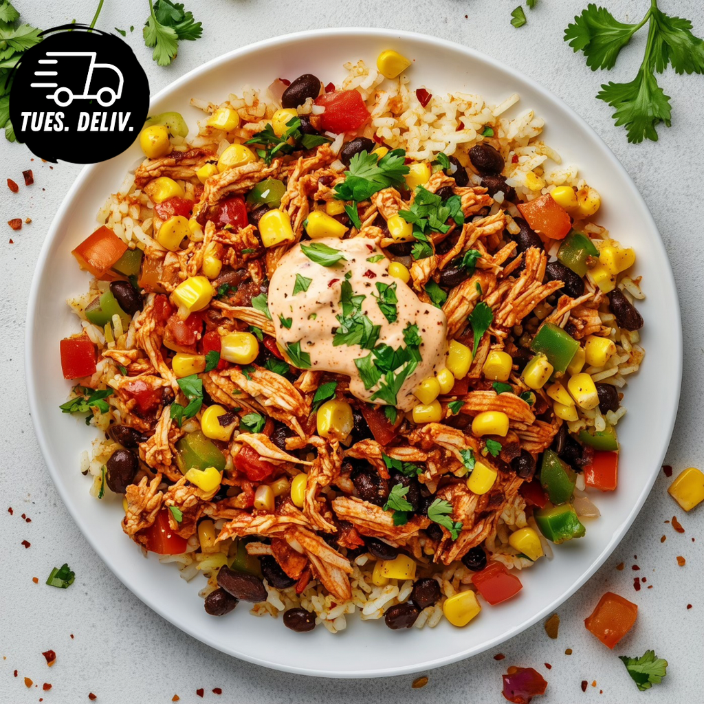 SMOKEY CHIPOTLE MEX BOWL WITH SHREDDED CHICKEN.
