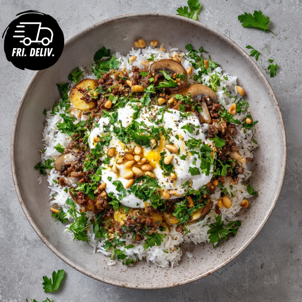 MIDDLE EASTERN BEEF MINCE WITH MUSHROOM AND ROASTED POTATO WITH RICE AND GARLIC YOGHURT.