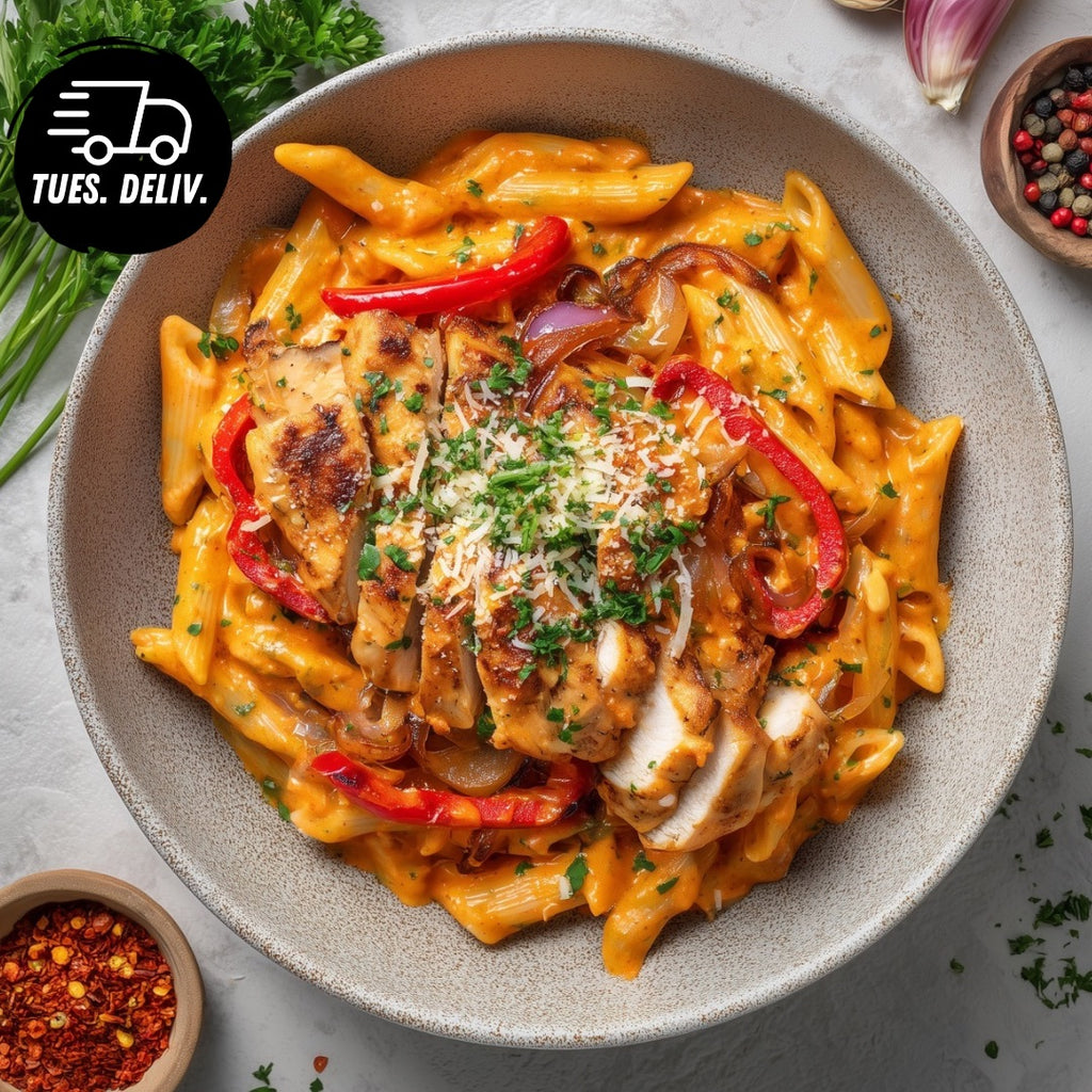 SPICY ROSA CHICKEN WITH PENNE AND VEG.
