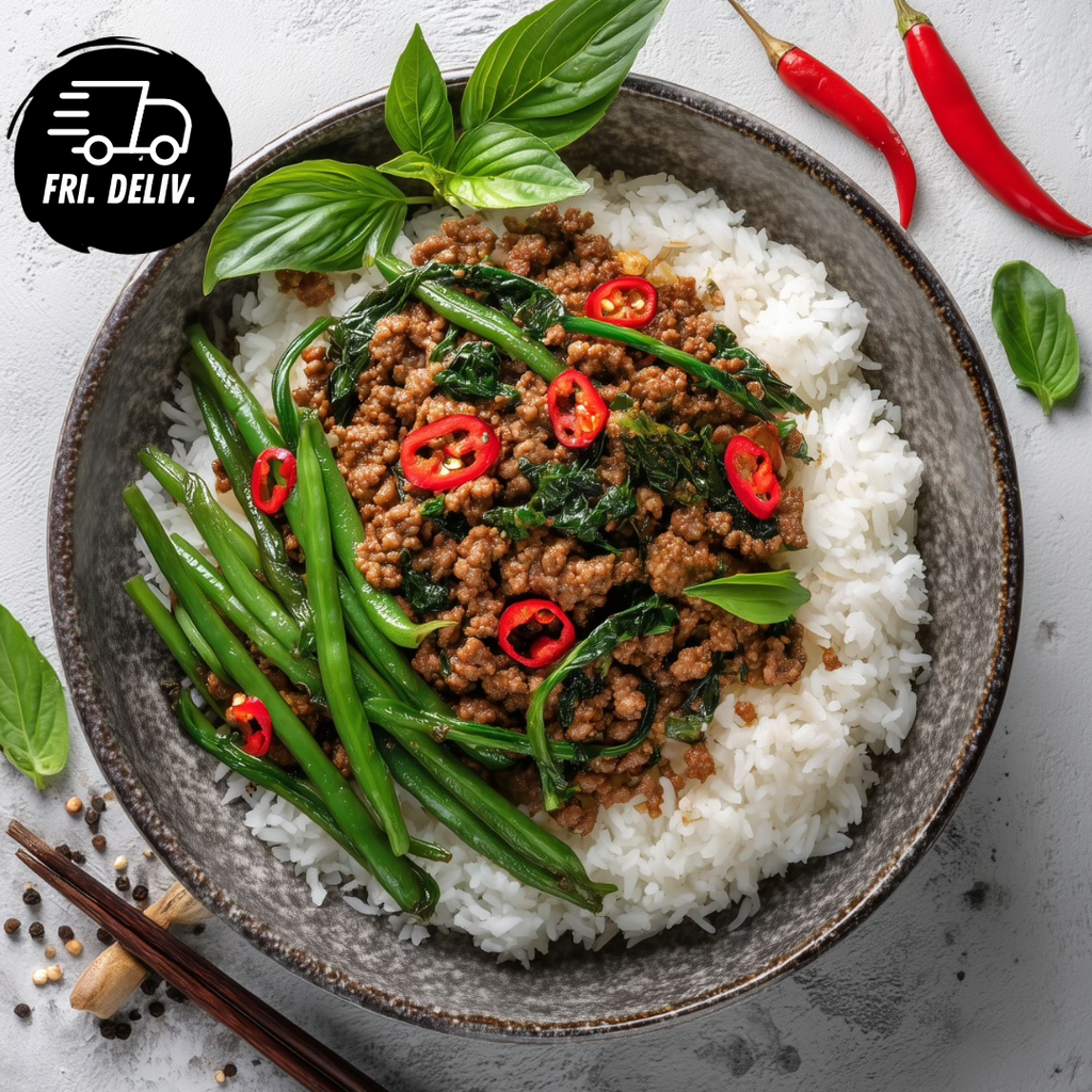 THAI BASIL BEEF MINCE WITH JASMINE RICE AND GREENS