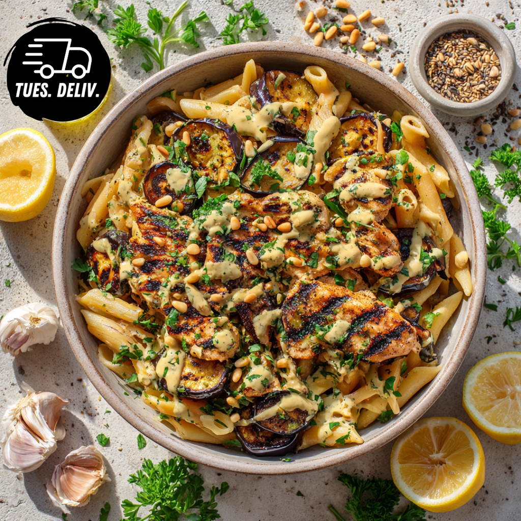 ROASTED EGGPLANT AND CHICKEN PENNE WITH TAHINI CREAM SAUCE.