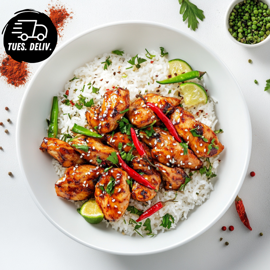 THAI SWEET CHILLI CHICKEN WITH JASMINE RICE AND VEG
