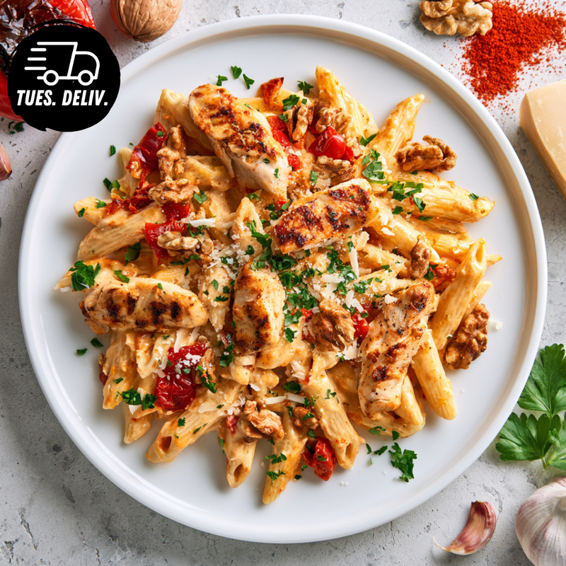 CHICKEN PAPRIKA PENNE WITH ROASTED CAPSICUM & WALNUT