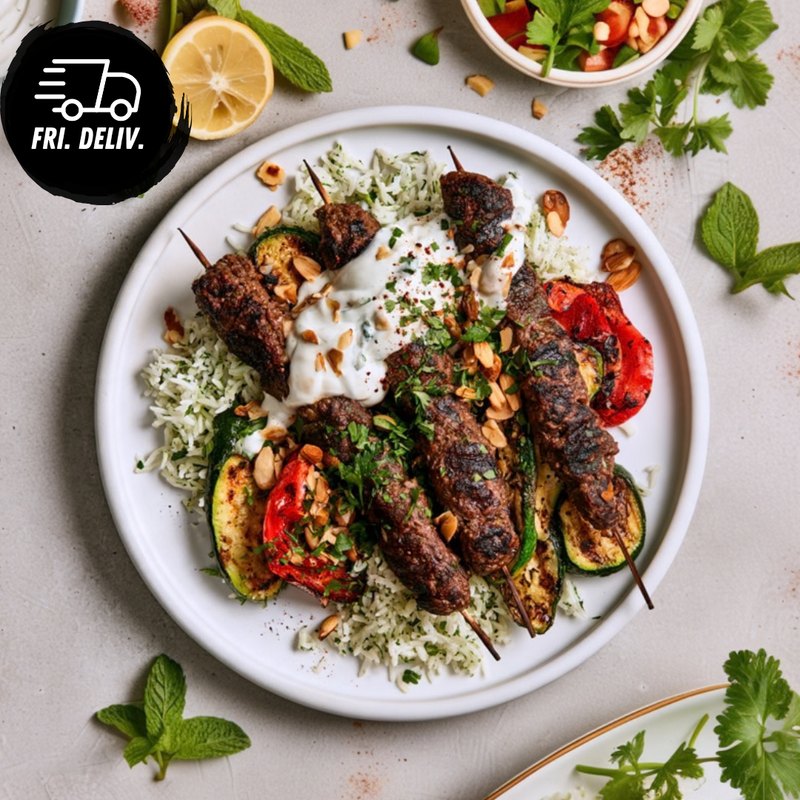 CHARGRILLED KEFTA AND HERB RICE WITH MINT YOGHURT