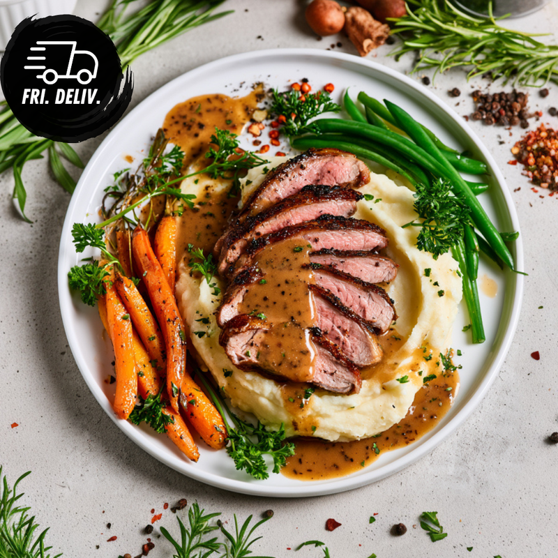 LAMB BACKSTRAP WITH PEPPER GRAVY & GARLIC MASH