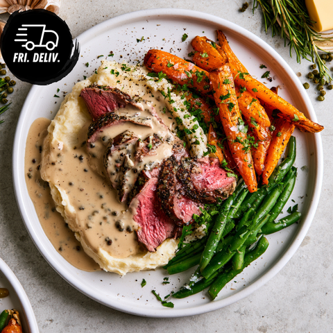 SLOW ROASTED LAMB BACKSTRAP WITH PEPPERCORN SAUCE.