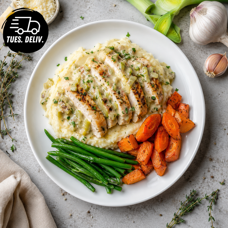 CREAMY CHICKEN & LEEK WITH GARLIC MASH