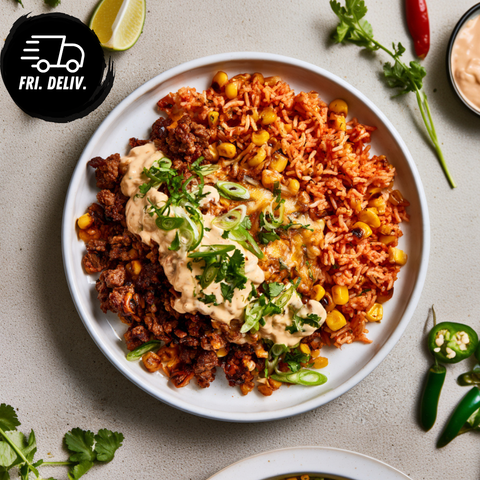 LOADED MEXICAN BEEF AND TOMATO RICE WITH SOUR CREAM.