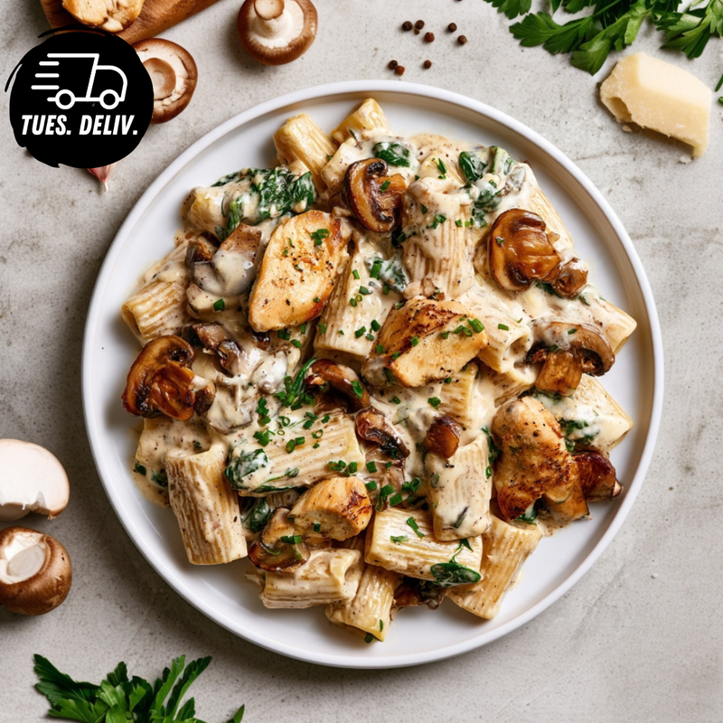 CREAMY ROAST GARLIC CHICKEN AND MUSHROOM RIGATONI