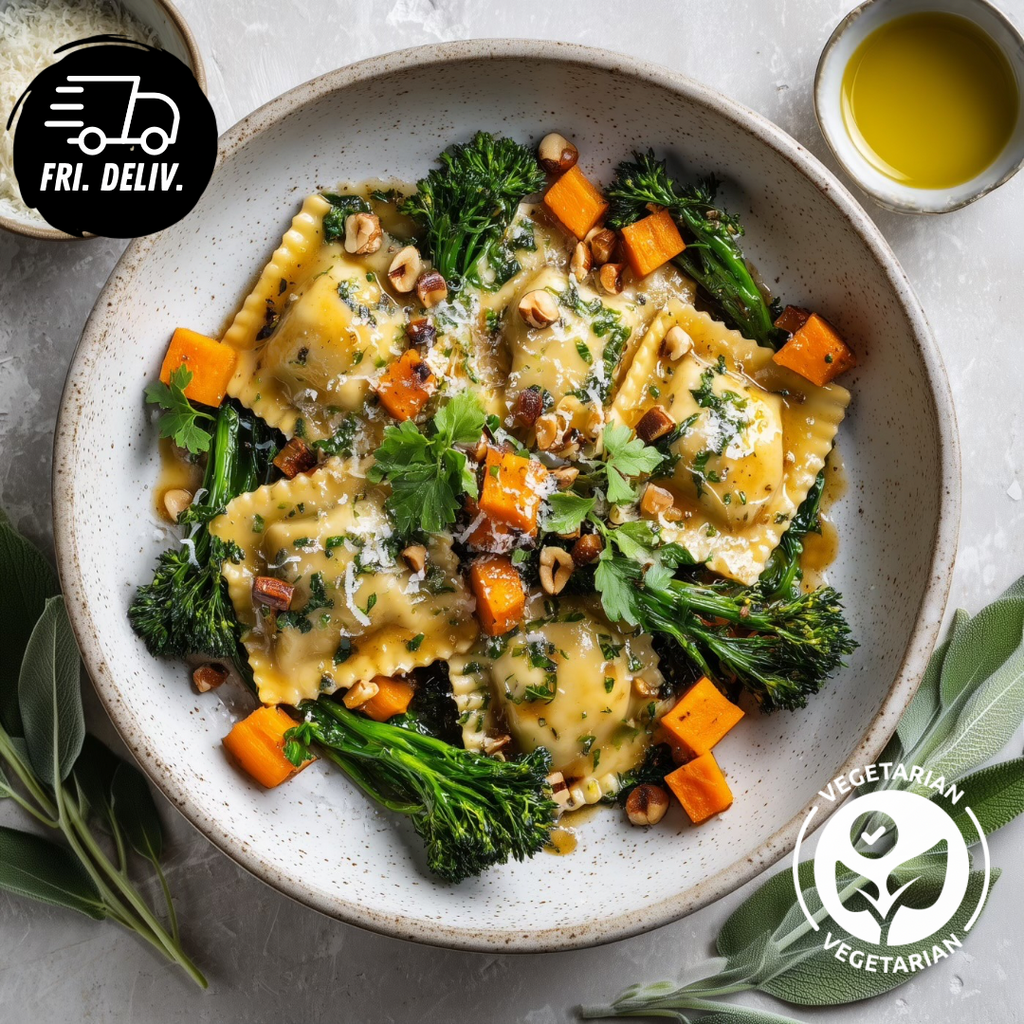 SAGE BUTTER RAVIOLI WITH VEGETABLES.