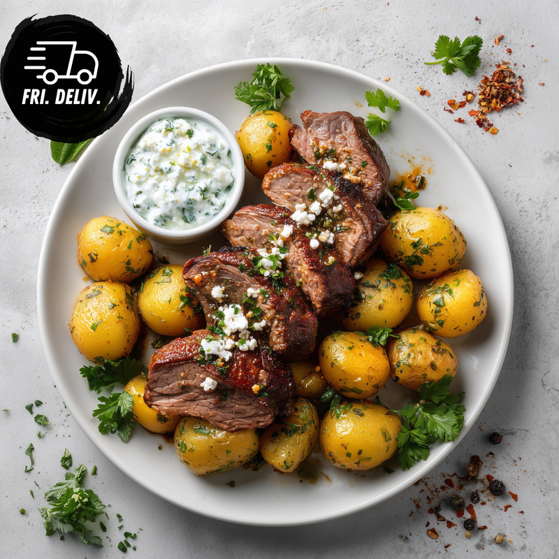 GREEK LAMB BACKSTRAP WITH HERBED POTATO AND TZATZIKI