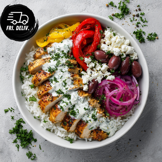 GREEK CHICKEN BOWL WITH FETA & TZATZIKI.