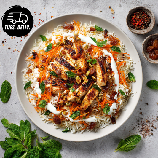 AFGHAN CHICKEN KABULI PILAF WITH MINT YOGHURT.