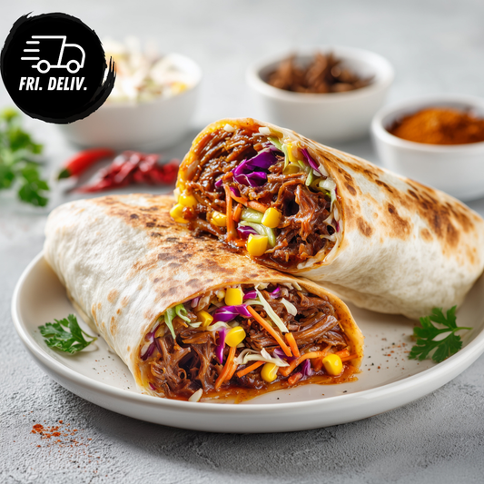 SMOKY BBQ PULLED BEEF BURRITO WRAP.