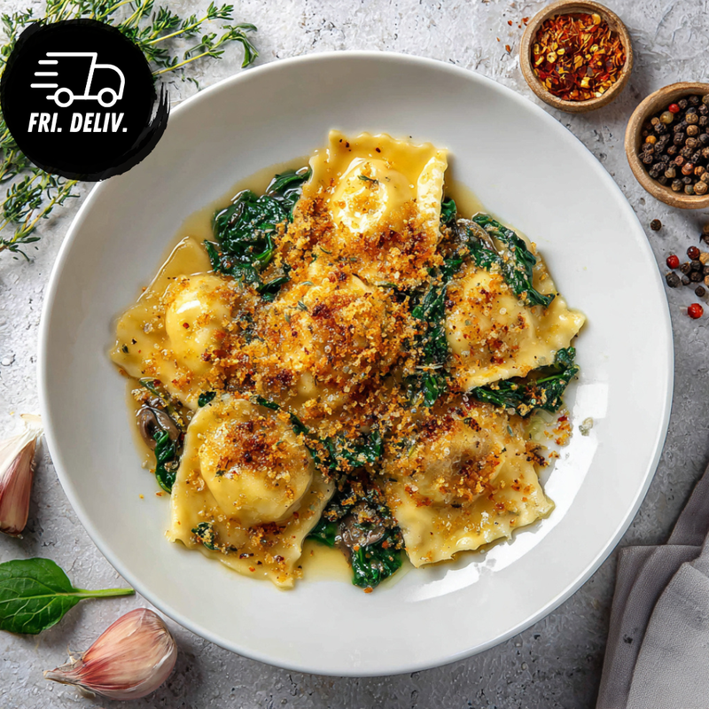 FRENCH ONION RAVIOLI WITH PARMESAN CRUMB