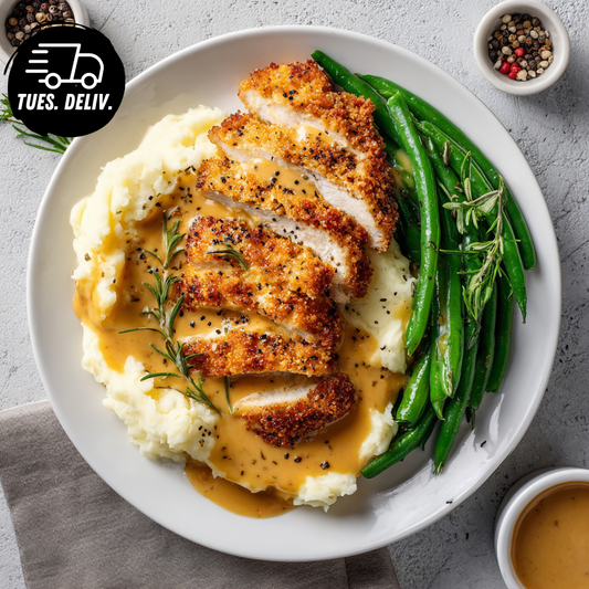 CRUMBED CHICKEN WITH PEPPER SAUCE & MASH.