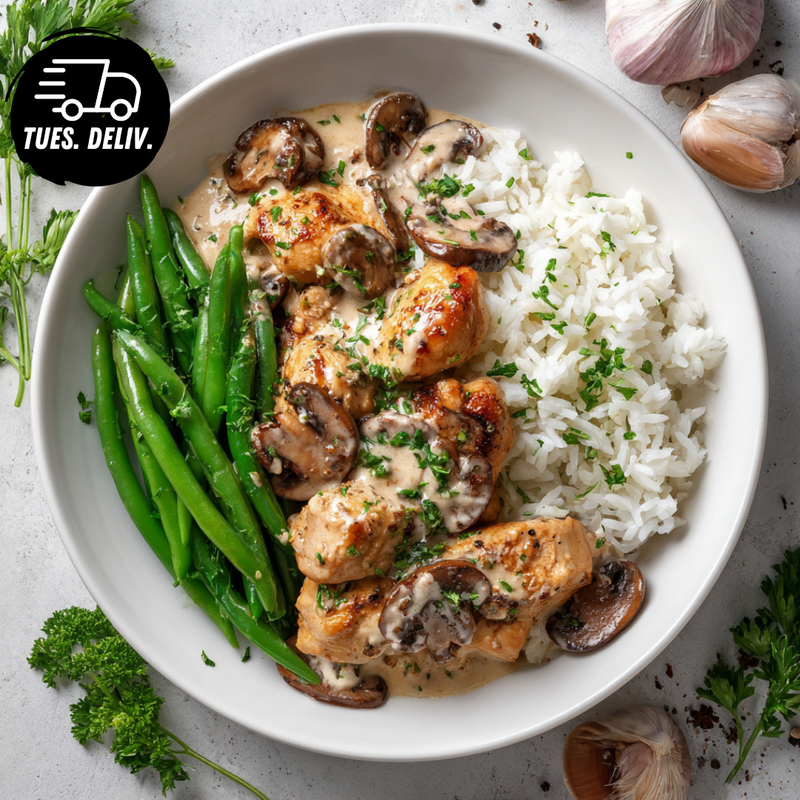 CREAMY GARLIC CHICKEN & MUSHROOM RICE