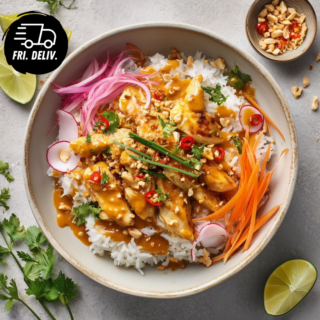 THAI PEANUT SATAY CHICKEN BOWL WITH JASMINE RICE.