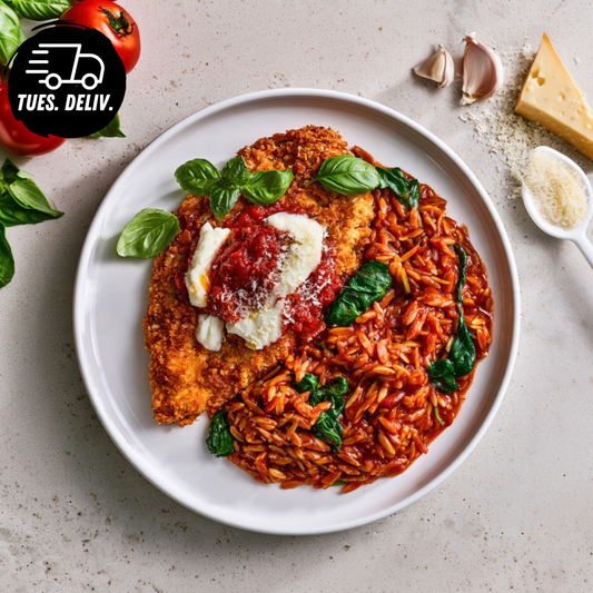 CRISPY CHICKEN PARMIGIANA AND TOMATO BASIL RISONI
