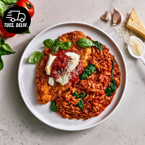 CRISPY CHICKEN PARMIGIANA AND TOMATO BASIL RISONI.