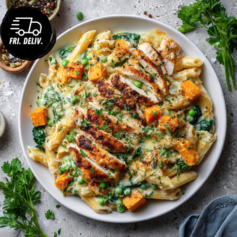 CREAMY CHICKEN & ROASTED SWEET POTATO PASTA BAKE.