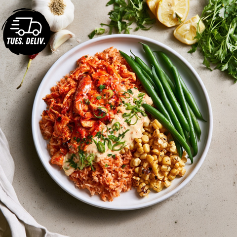 SHREDDED PERI PERI CHICKEN AND TOMATO RICE.