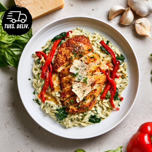 CHICKEN SCHNITZEL WITH PESTO PARMESAN RISONI