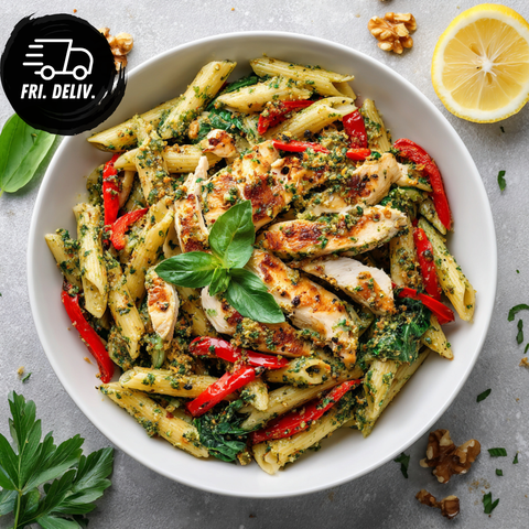 ROASTED CAPSICUM PESTO CHICKEN PENNE.