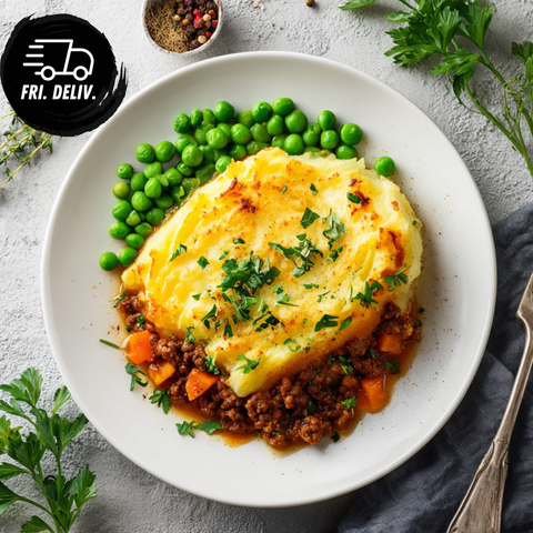 BEEF SHEPHERD’S PIE WITH MASH & PEAS.